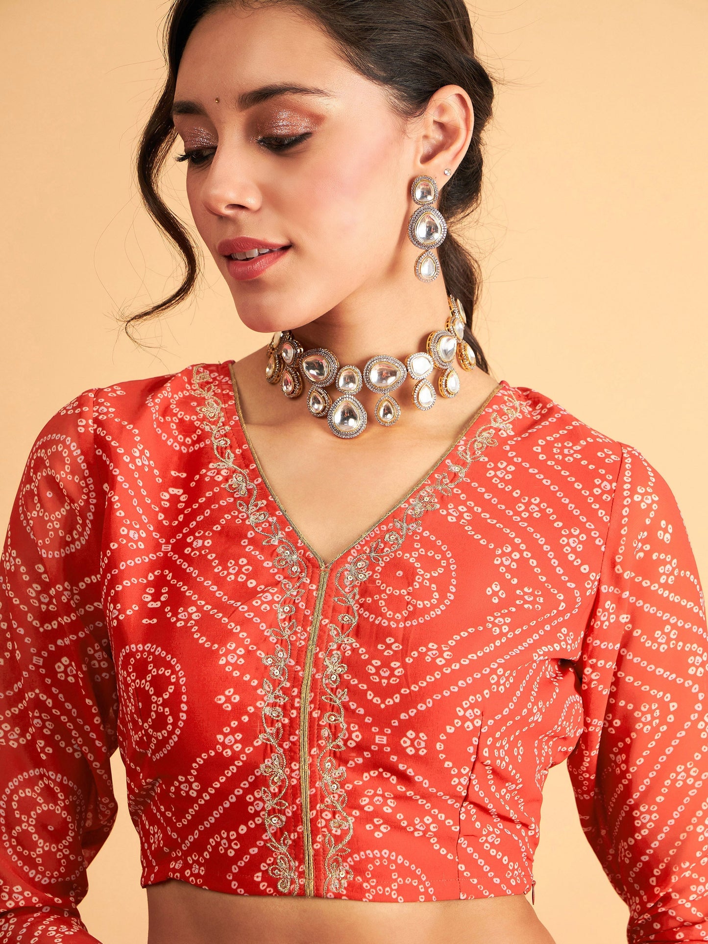 Red & White Bandhej Anarkali Skirt With Crop Top