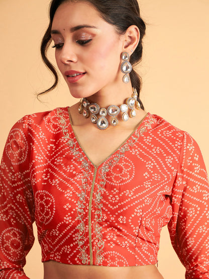 Red & White Bandhej Anarkali Skirt With Crop Top