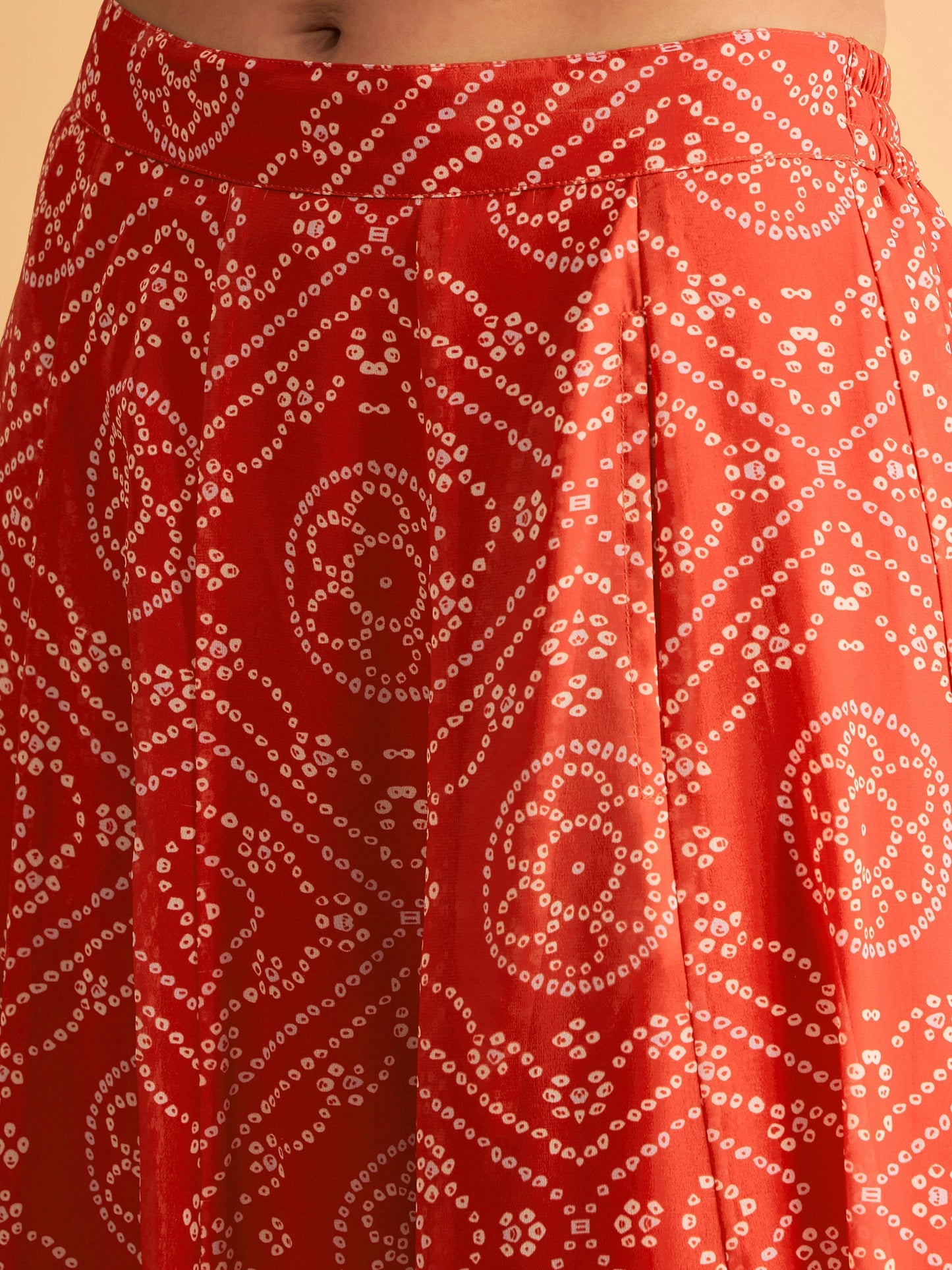 Red & White Bandhej Anarkali Skirt With Crop Top