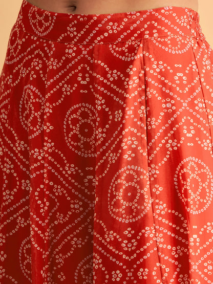 Red & White Bandhej Anarkali Skirt With Crop Top