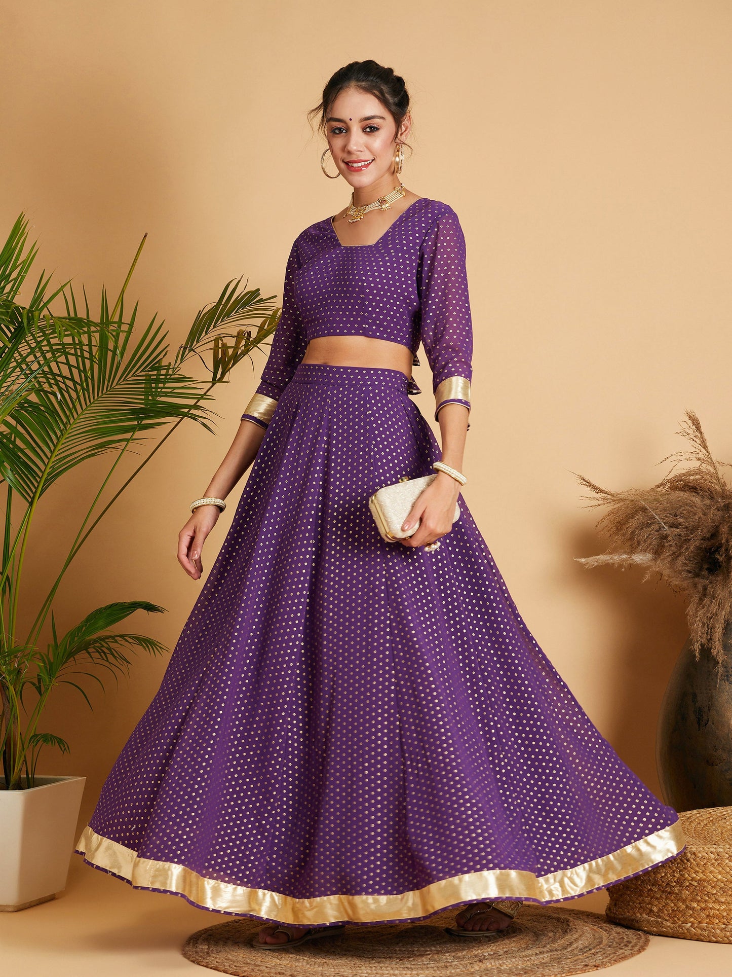 Women Purple Dot Foil Print Anarkali Skirt With Crop Top
