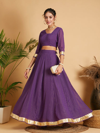 Women Purple Dot Foil Print Anarkali Skirt With Crop Top