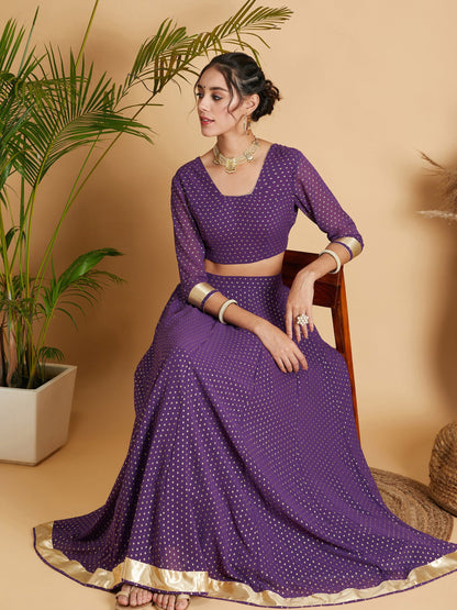 Women Purple Dot Foil Print Anarkali Skirt With Crop Top