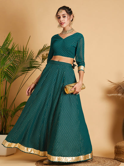 Emerald Dot Foil Print Anarkali Skirt With Crop Top
