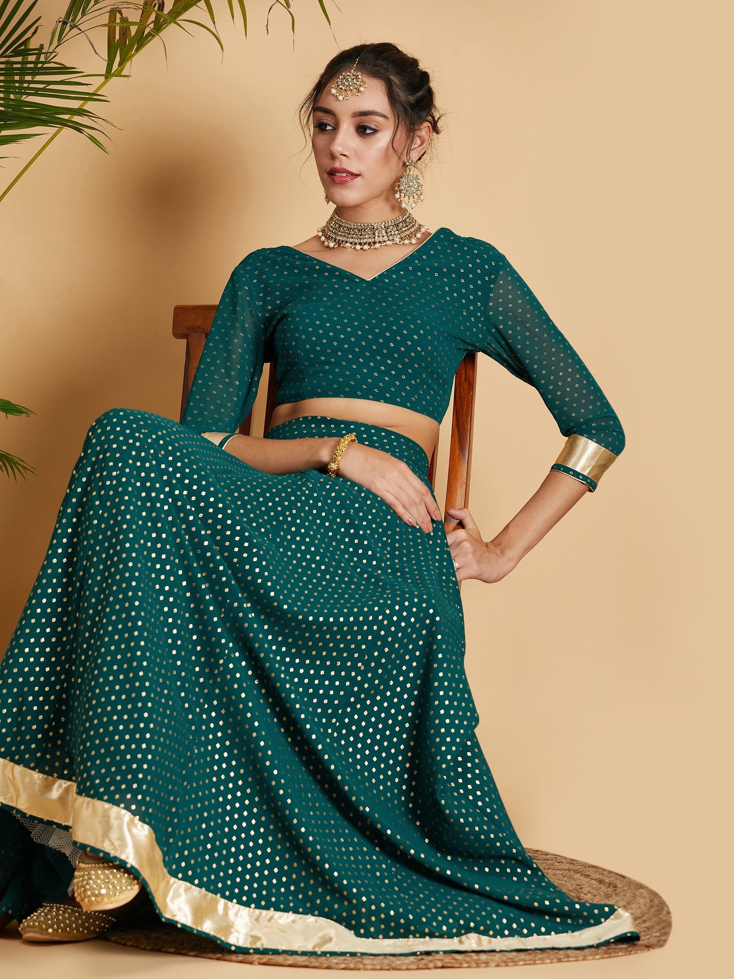 Emerald Dot Foil Print Anarkali Skirt With Crop Top