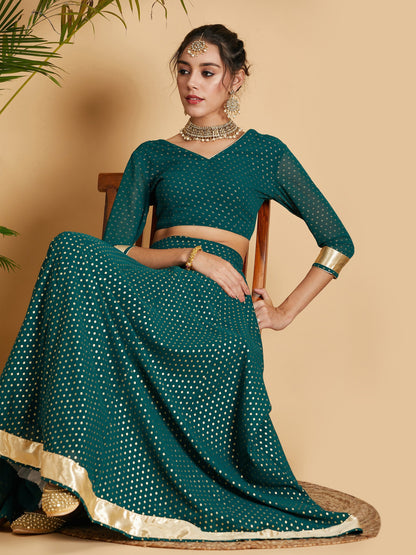 Emerald Dot Foil Print Anarkali Skirt With Crop Top