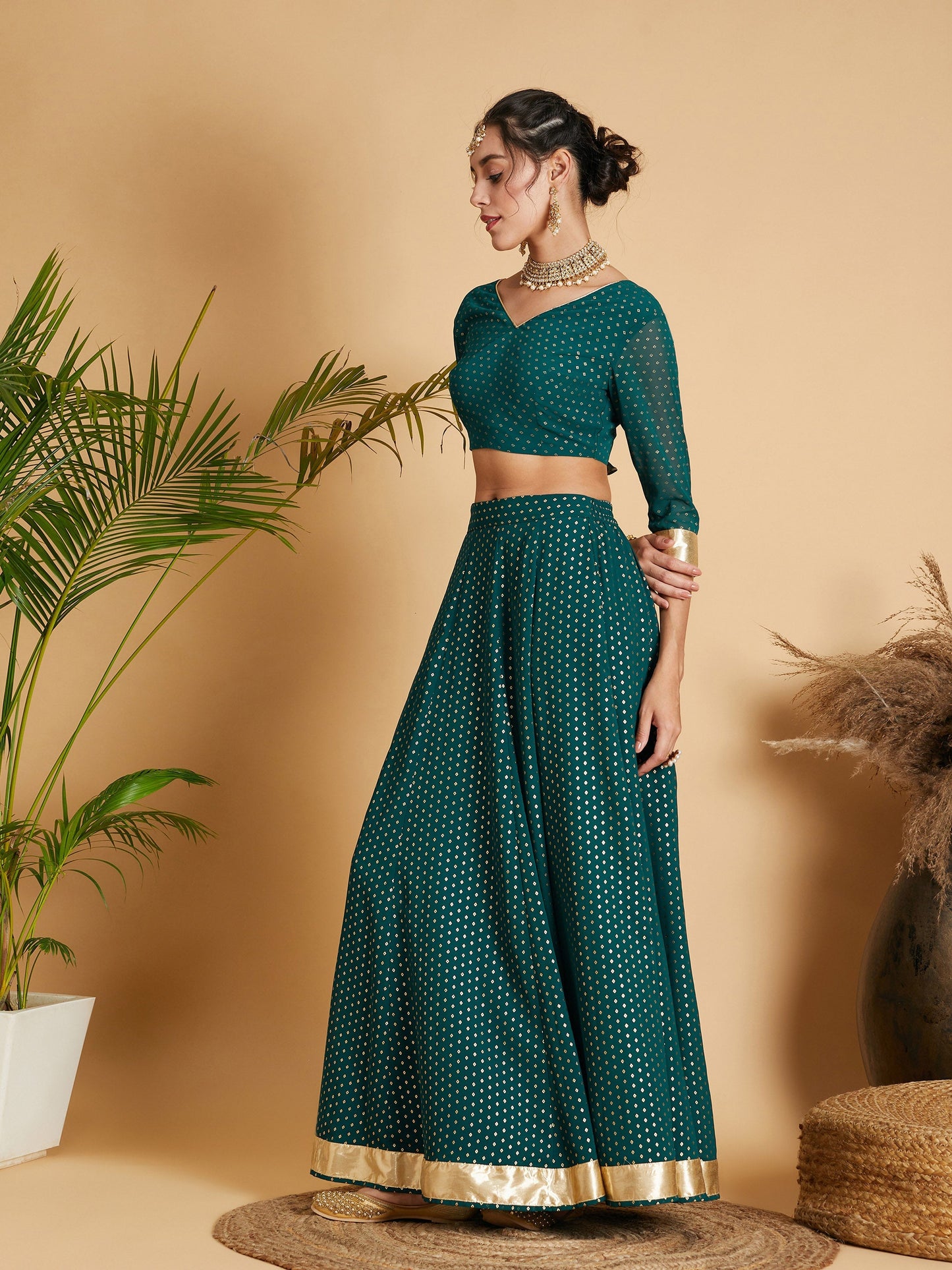 Emerald Dot Foil Print Anarkali Skirt With Crop Top