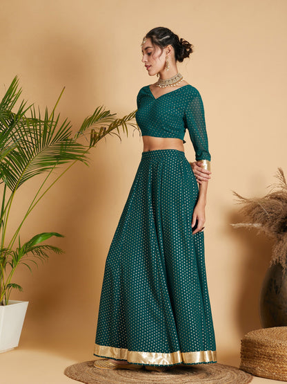 Emerald Dot Foil Print Anarkali Skirt With Crop Top