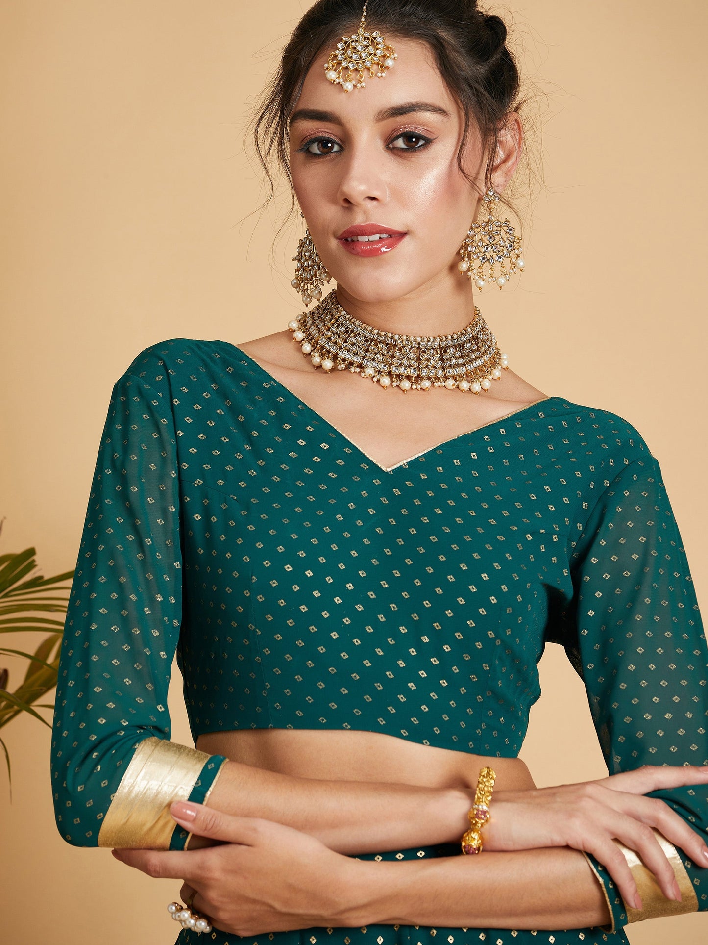 Emerald Dot Foil Print Anarkali Skirt With Crop Top