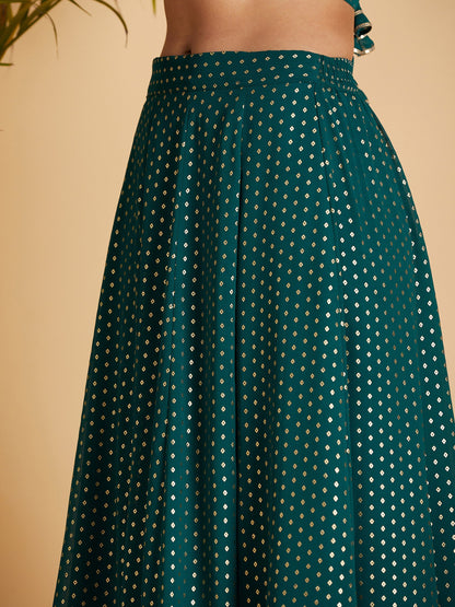 Emerald Dot Foil Print Anarkali Skirt With Crop Top
