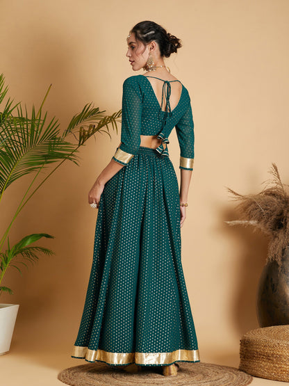 Emerald Dot Foil Print Anarkali Skirt With Crop Top