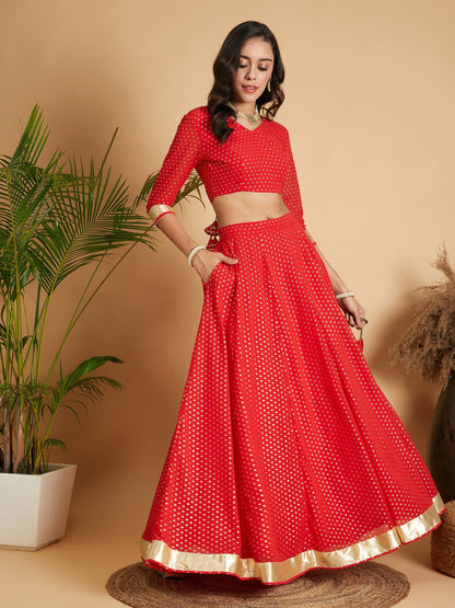 Red Dot Foil Print Anarkali Skirt With Crop Top