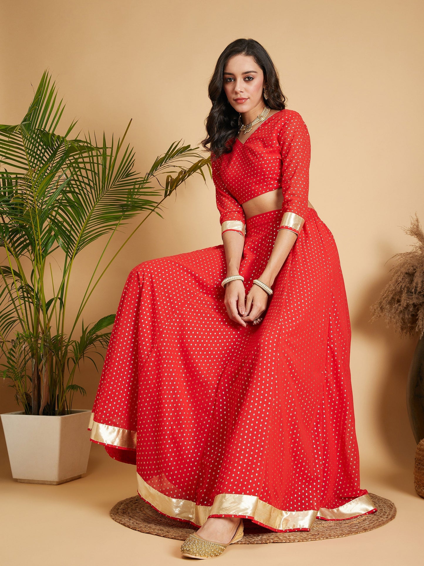 Red Dot Foil Print Anarkali Skirt With Crop Top
