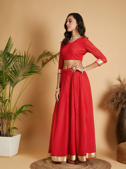 Red Dot Foil Print Anarkali Skirt With Crop Top