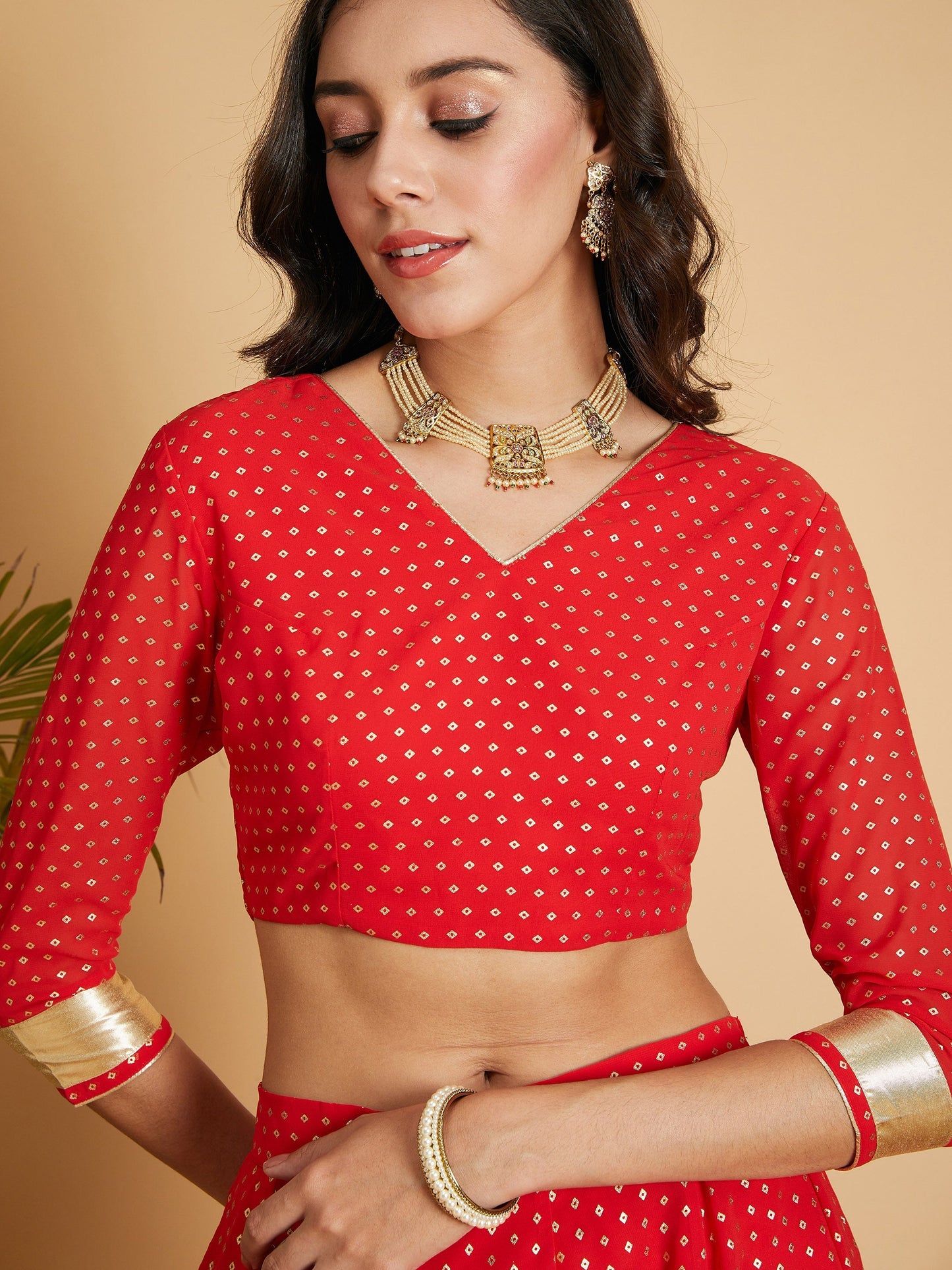 Red Dot Foil Print Anarkali Skirt With Crop Top