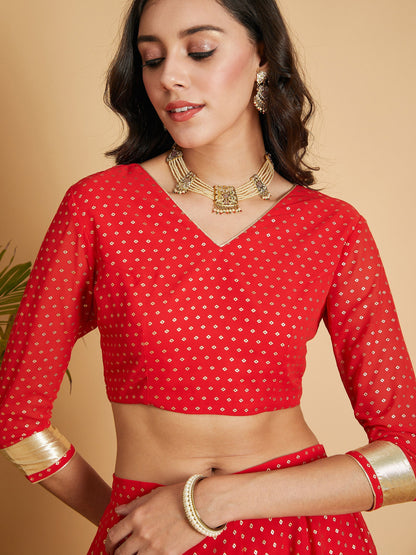 Red Dot Foil Print Anarkali Skirt With Crop Top