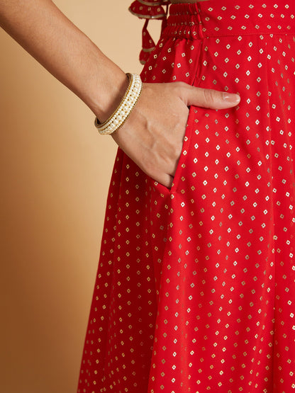 Red Dot Foil Print Anarkali Skirt With Crop Top