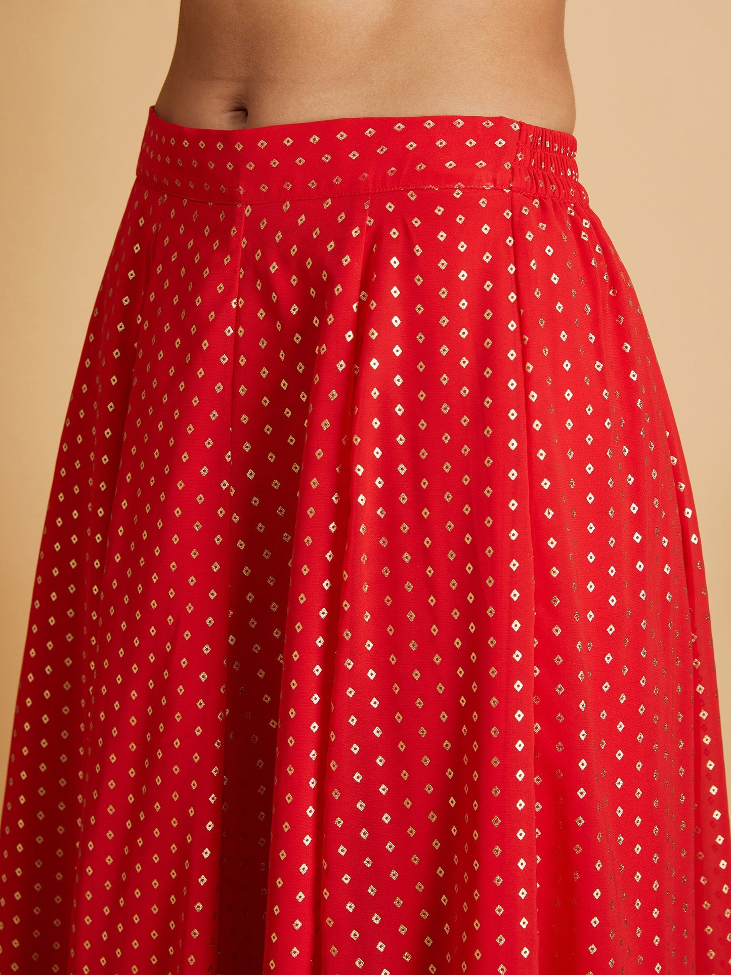 Red Dot Foil Print Anarkali Skirt With Crop Top
