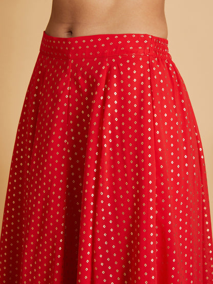 Red Dot Foil Print Anarkali Skirt With Crop Top