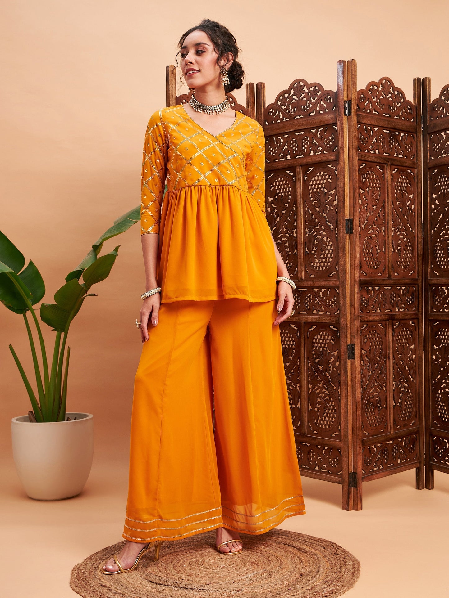 Mustard Mukaish Top With Sharara Pants