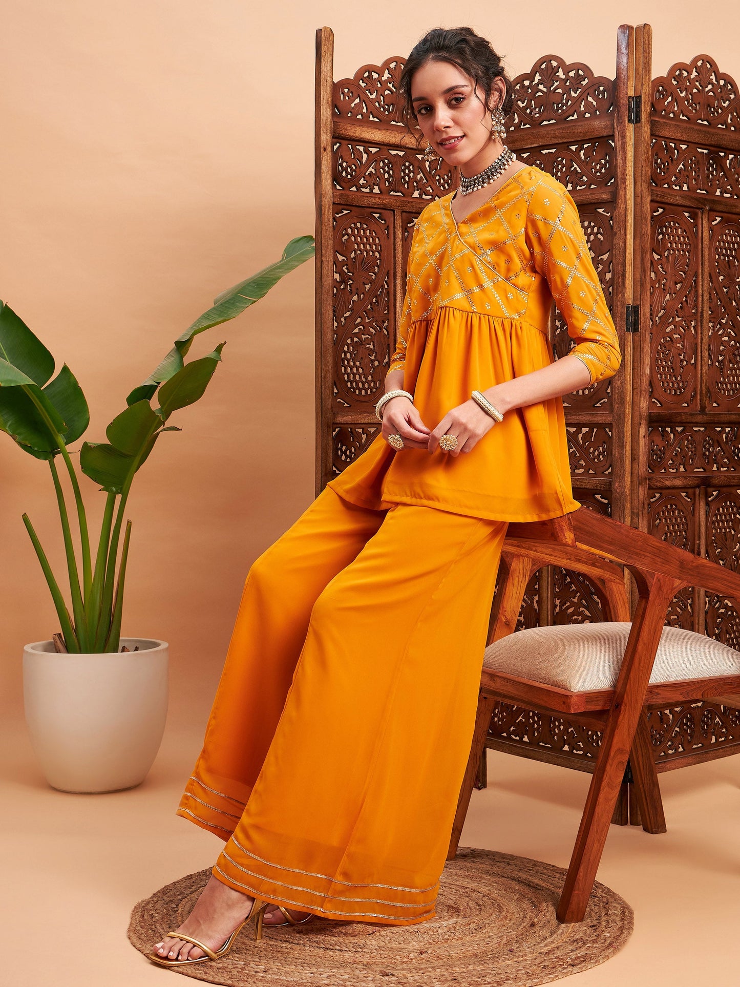 Mustard Mukaish Top With Sharara Pants