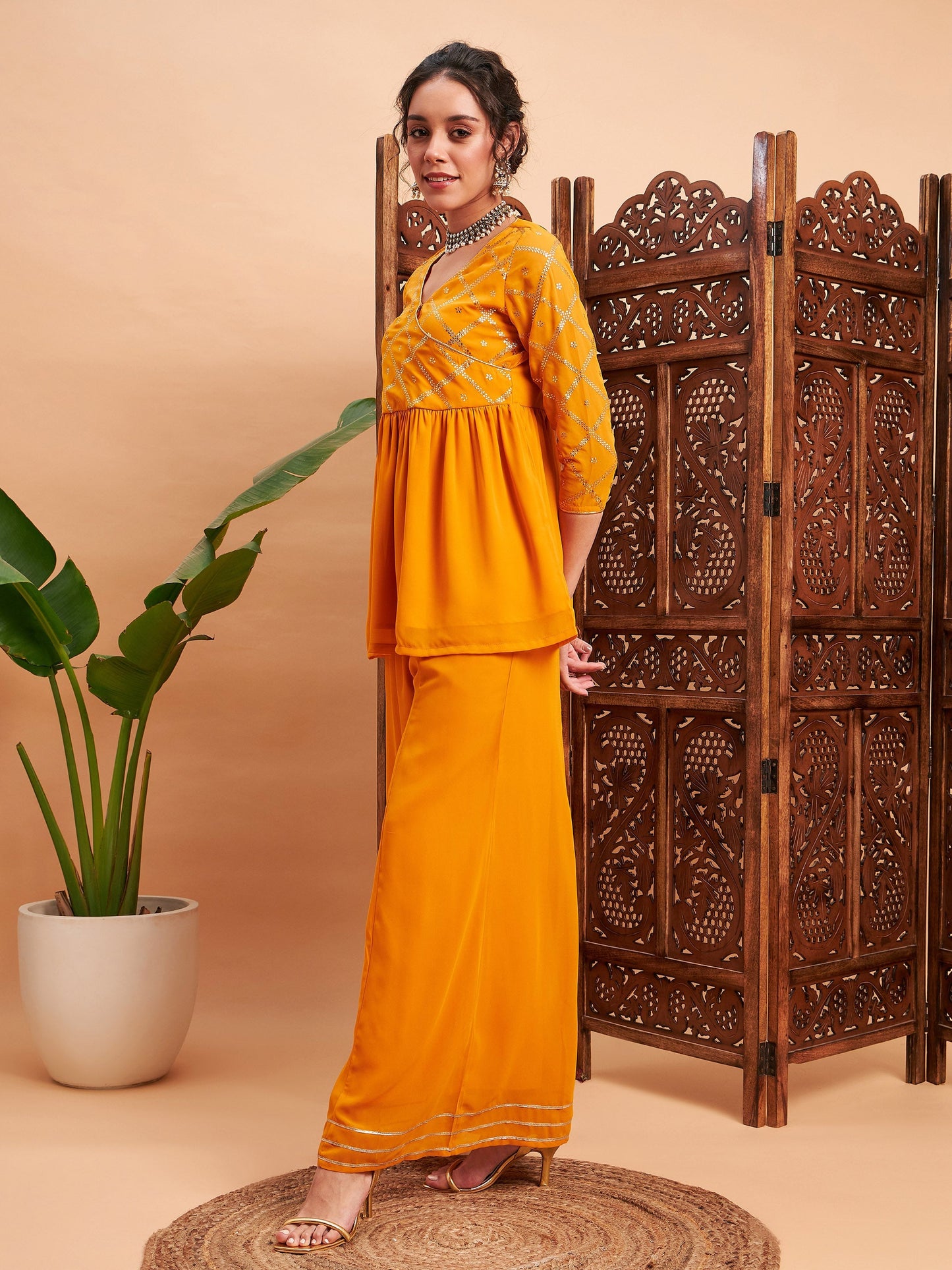 Mustard Mukaish Top With Sharara Pants
