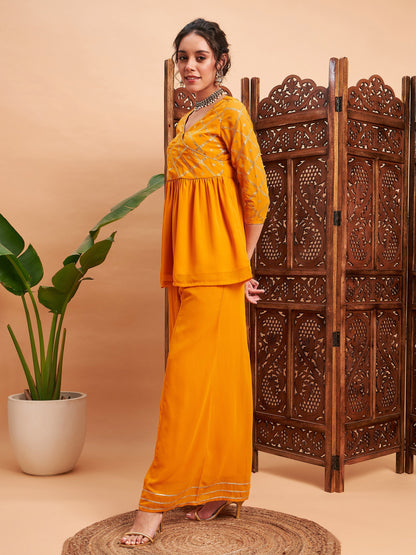 Mustard Mukaish Top With Sharara Pants