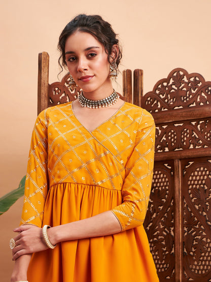 Mustard Mukaish Top With Sharara Pants