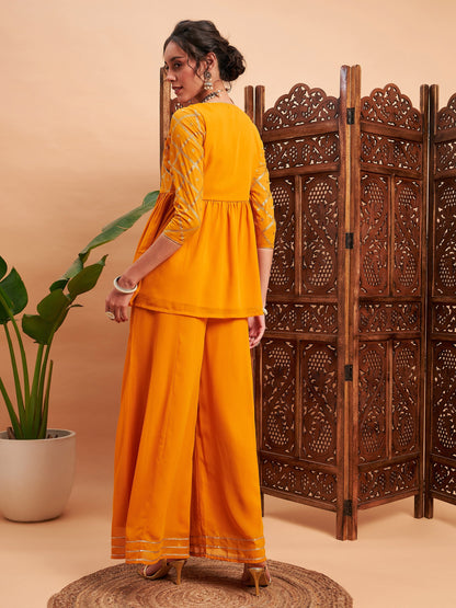 Mustard Mukaish Top With Sharara Pants