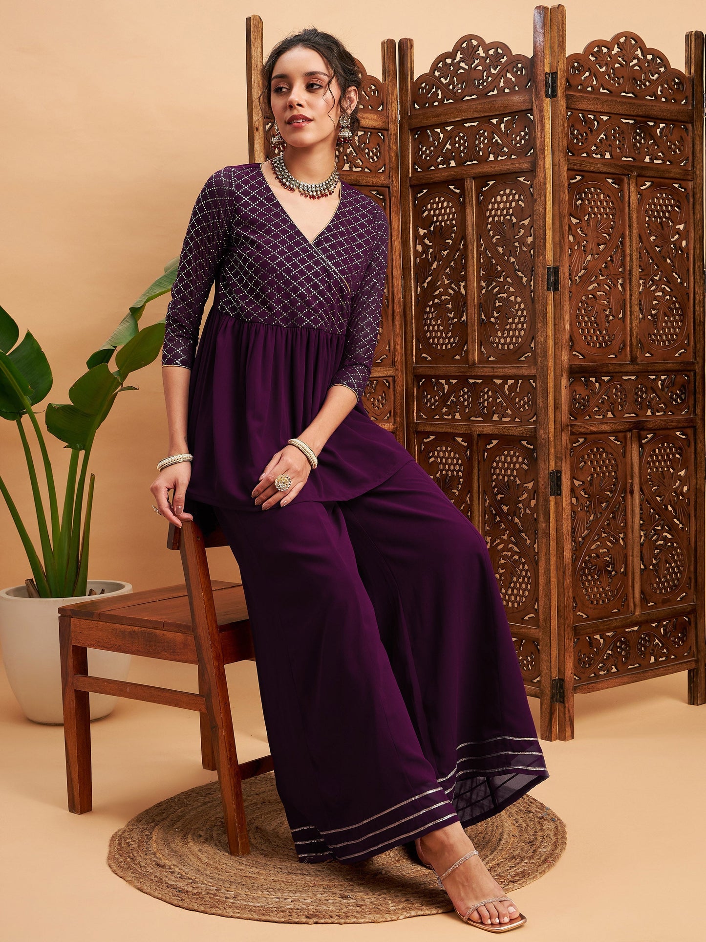 Burgundy Mukaish Top With Sharara Pants