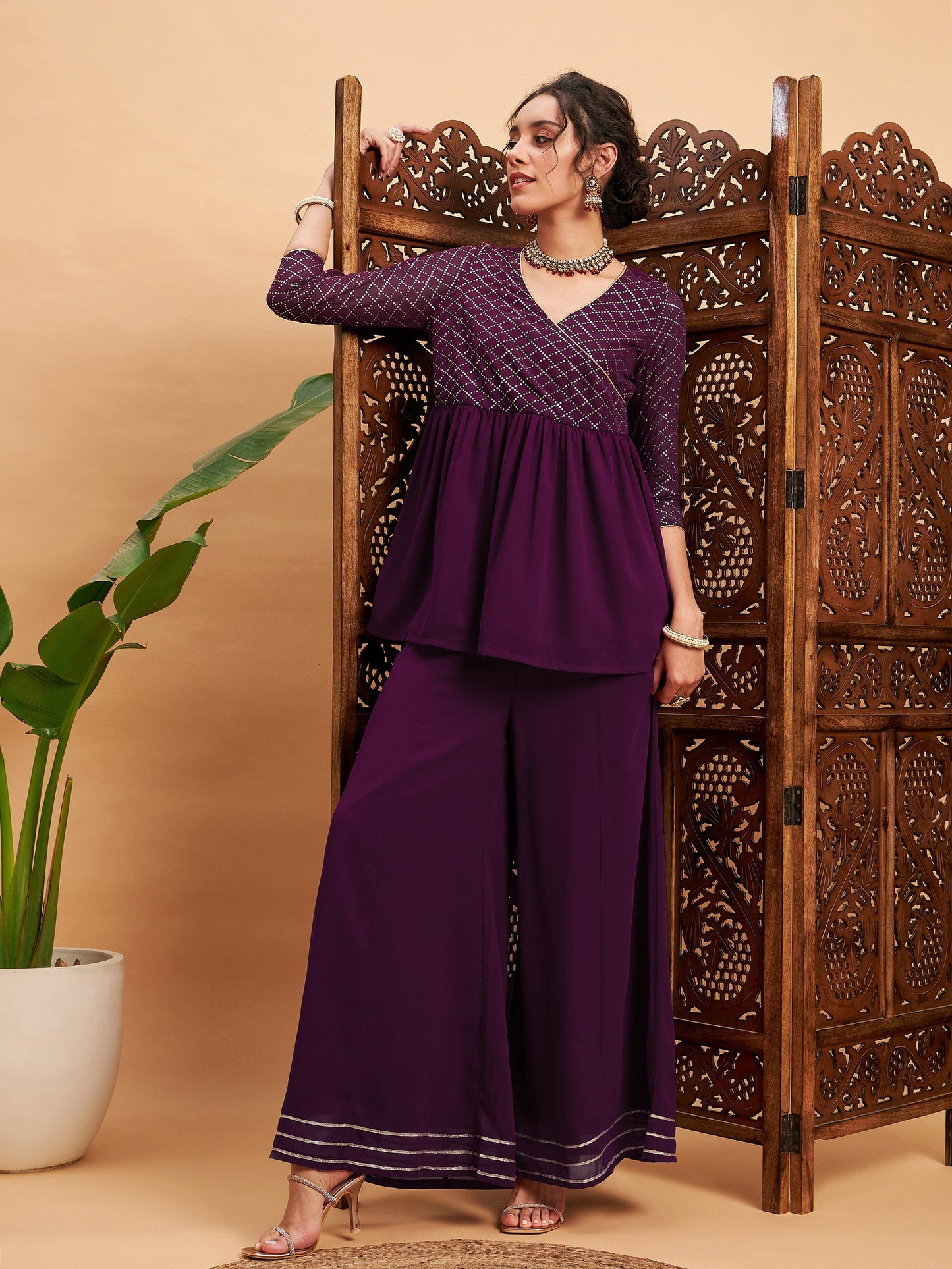 Burgundy Mukaish Top With Sharara Pants