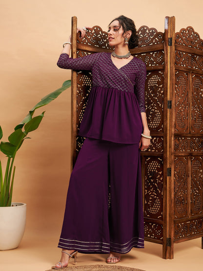 Burgundy Mukaish Top With Sharara Pants