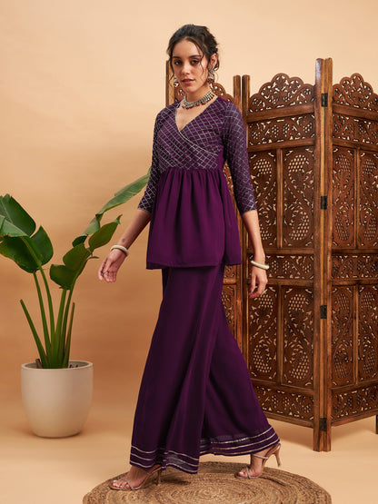 Burgundy Mukaish Top With Sharara Pants
