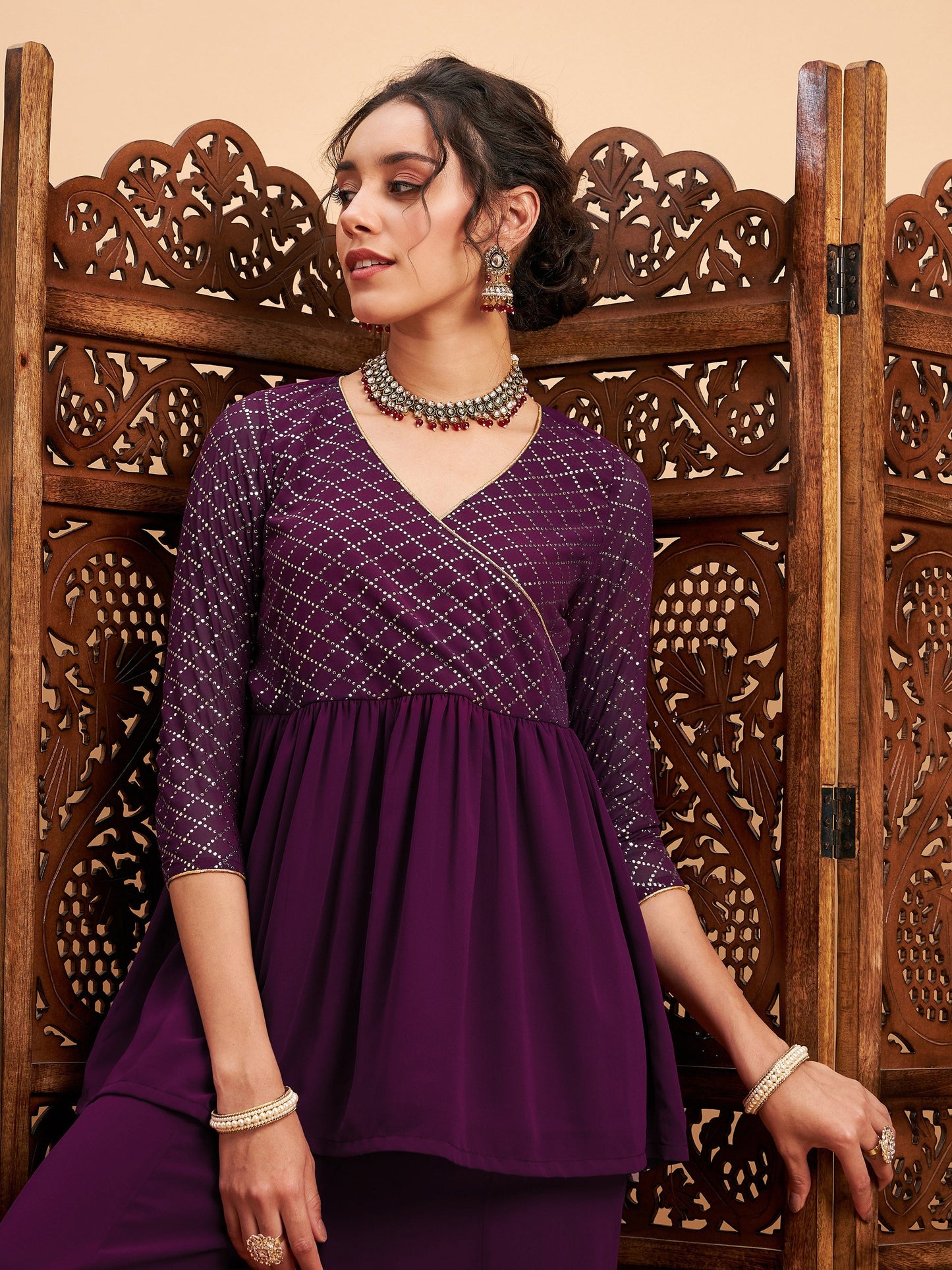 Burgundy Mukaish Top With Sharara Pants