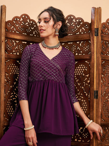 Burgundy Mukaish Top With Sharara Pants