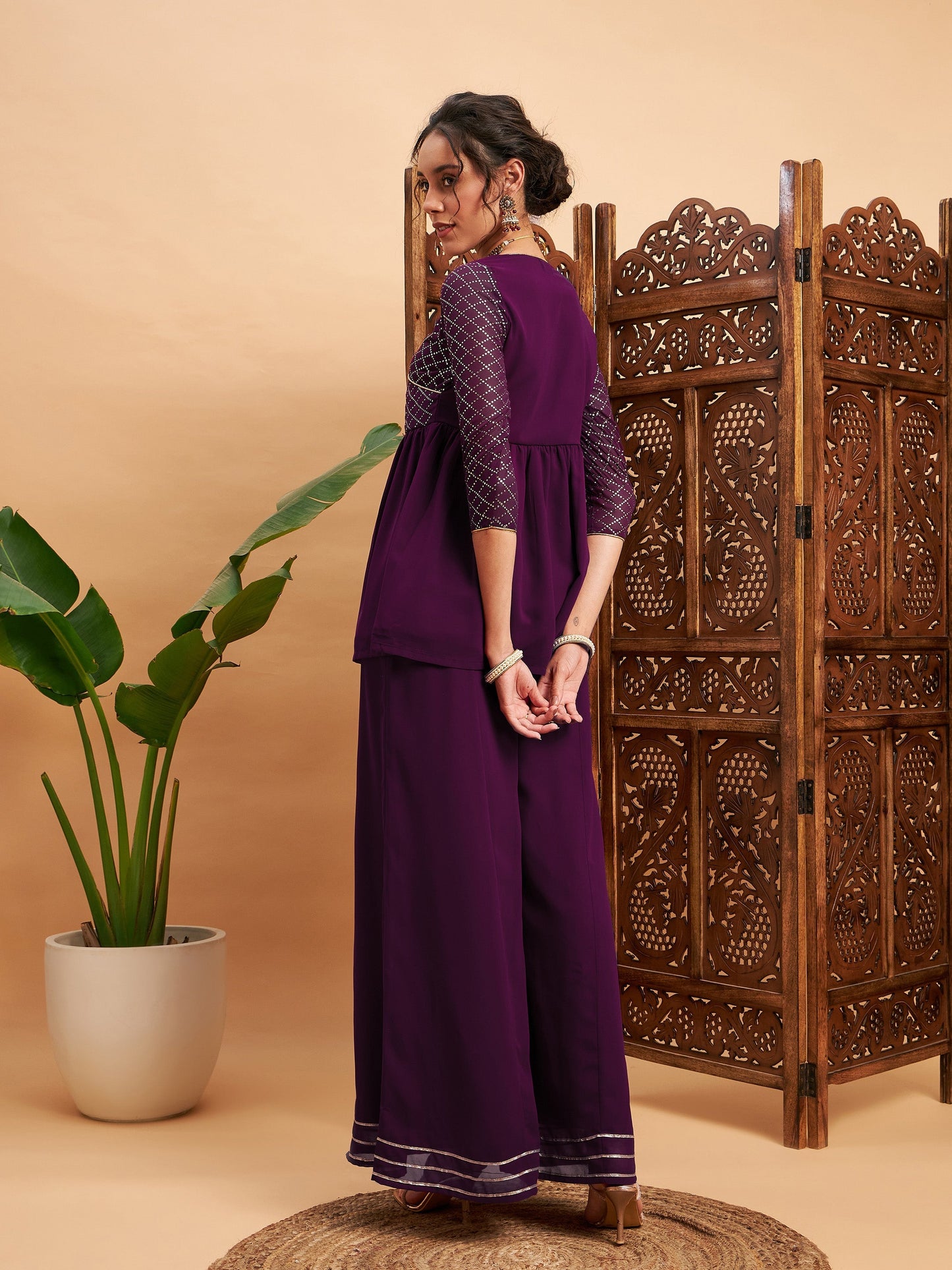 Burgundy Mukaish Top With Sharara Pants