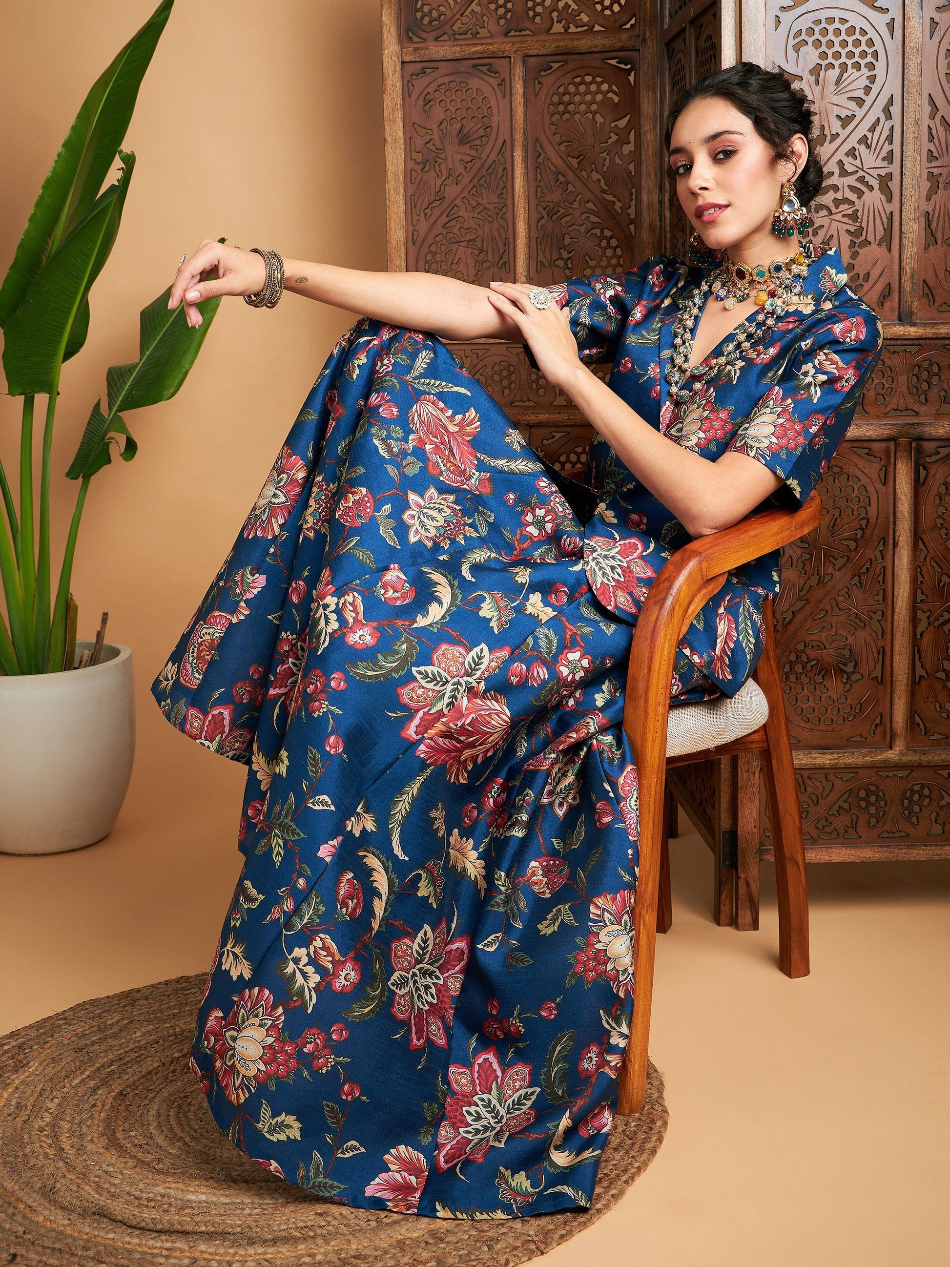 Blue Floral Anarkali Skirt With Blazer-Shae by SASSAFRAS