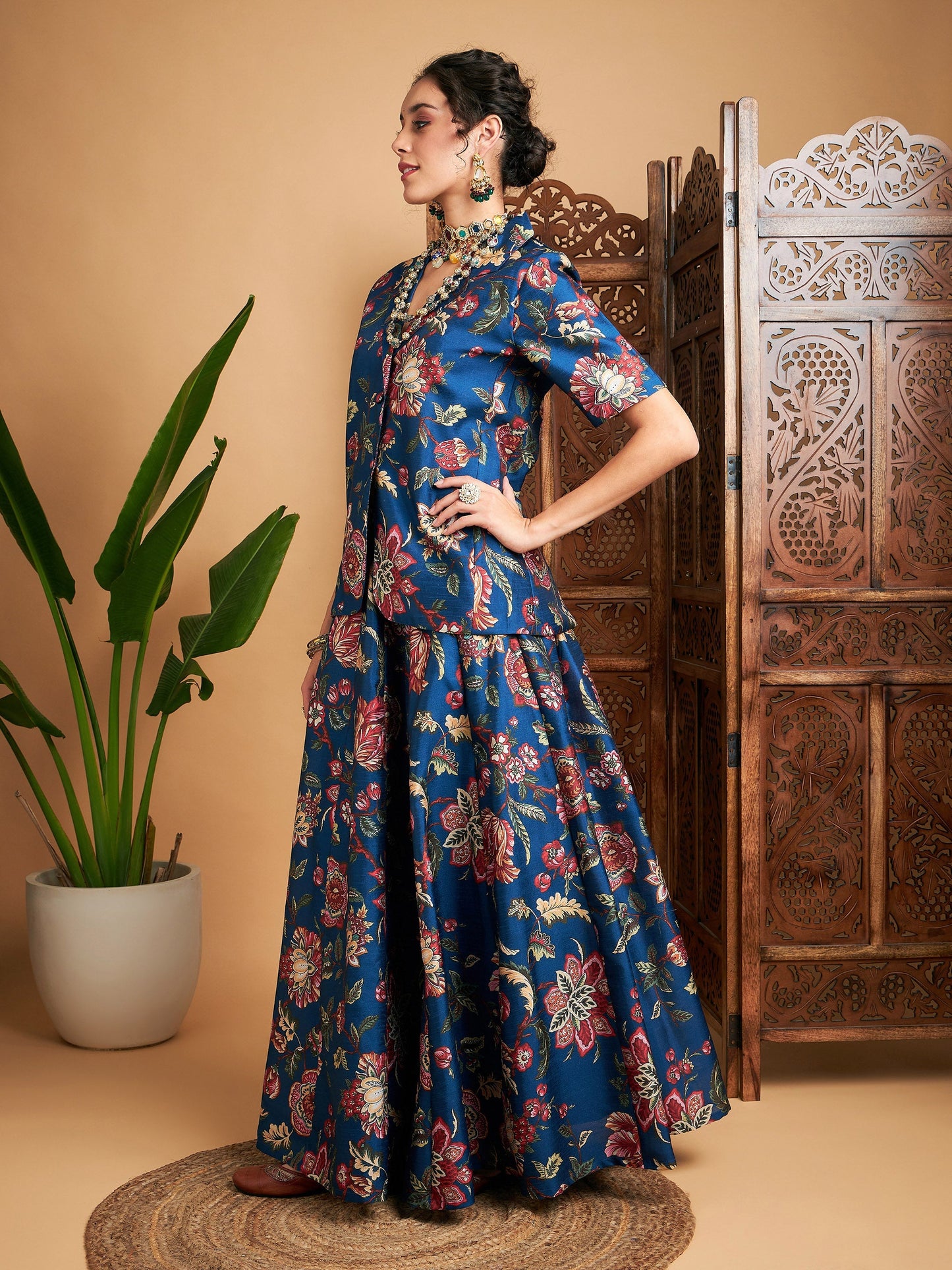 Blue Floral Anarkali Skirt With Blazer-Shae by SASSAFRAS