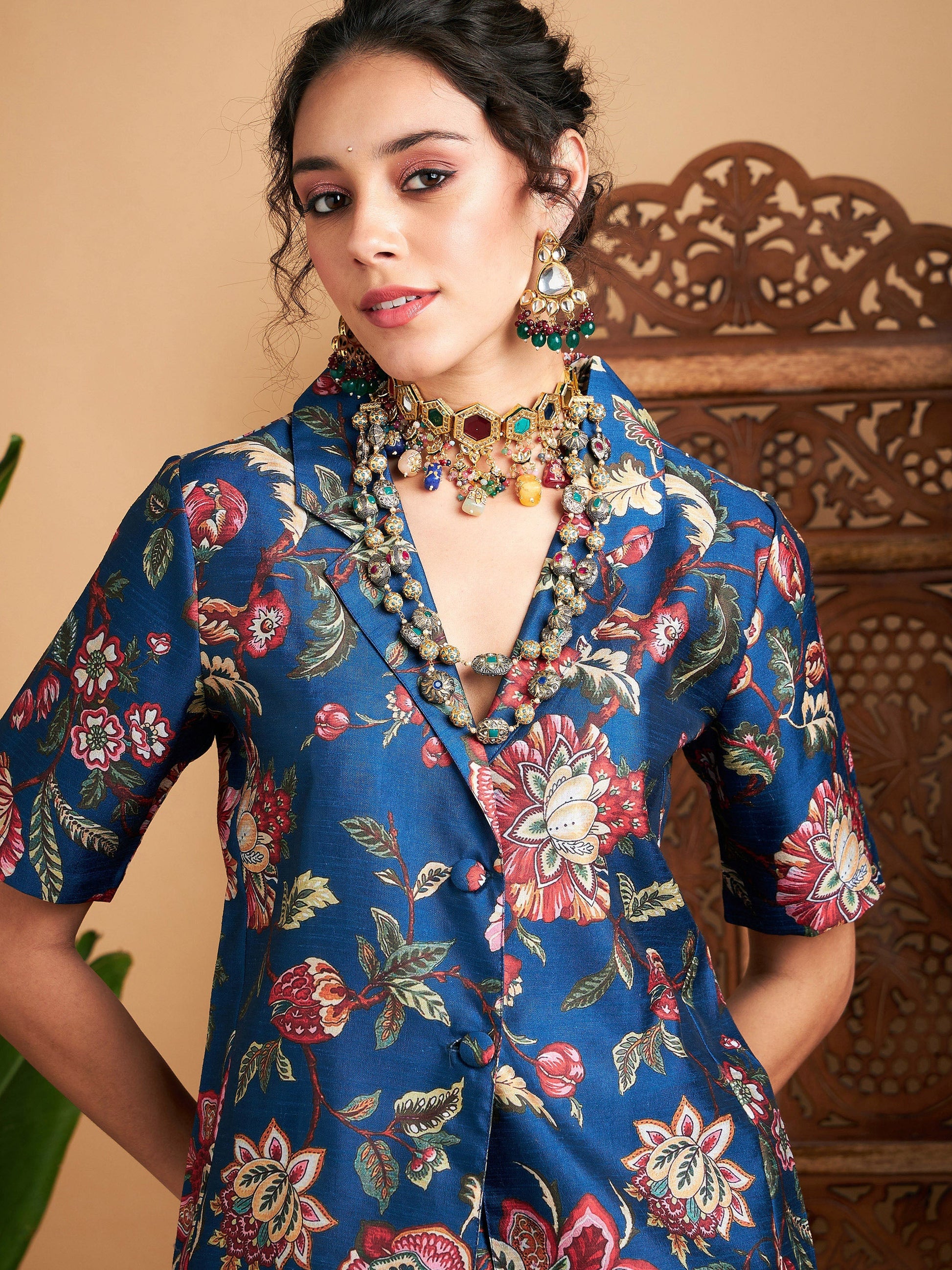 Blue Floral Anarkali Skirt With Blazer-Shae by SASSAFRAS