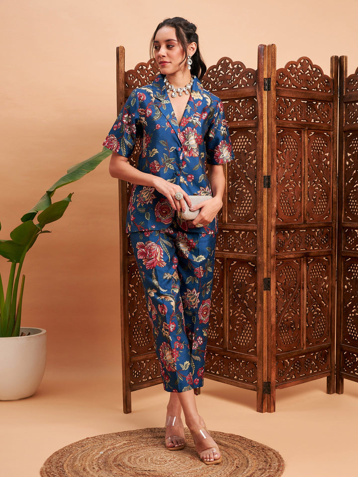 Blue Floral Blazer With Straight Pants-Shae by SASSAFRAS