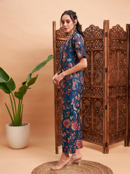 Blue Floral Blazer With Straight Pants-Shae by SASSAFRAS