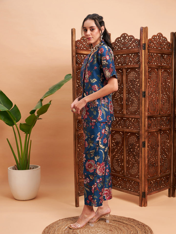 Blue Floral Blazer With Straight Pants-Shae by SASSAFRAS