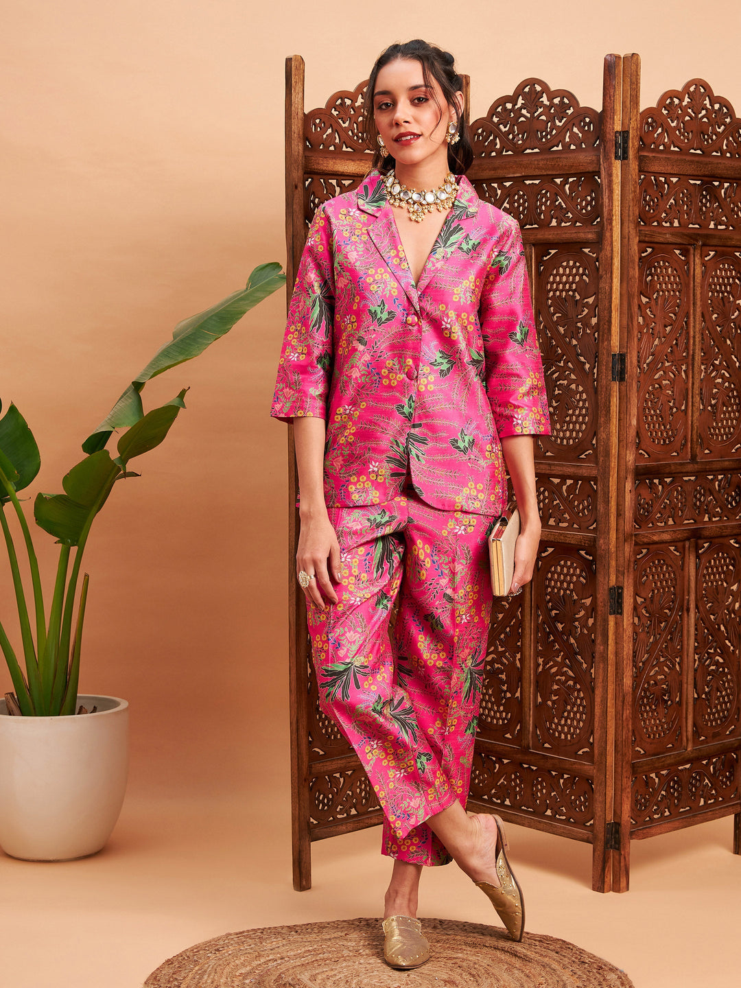 Women's Women Pink Floral Blazer With Straight Pants in Poly Silk by Shae for wholesale, bulk, supplier, manufacturer and wholesaler buyers from Trendphoria