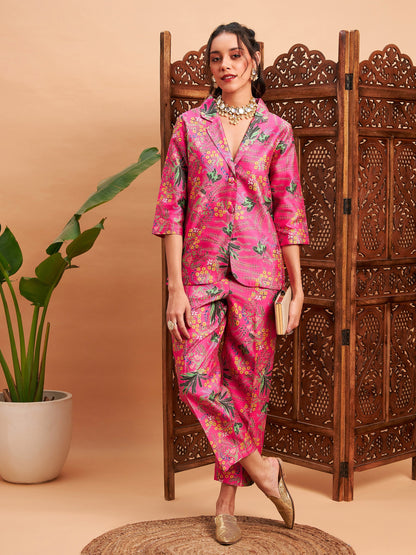 Pink Floral Blazer With Straight Pants-Shae by SASSAFRAS