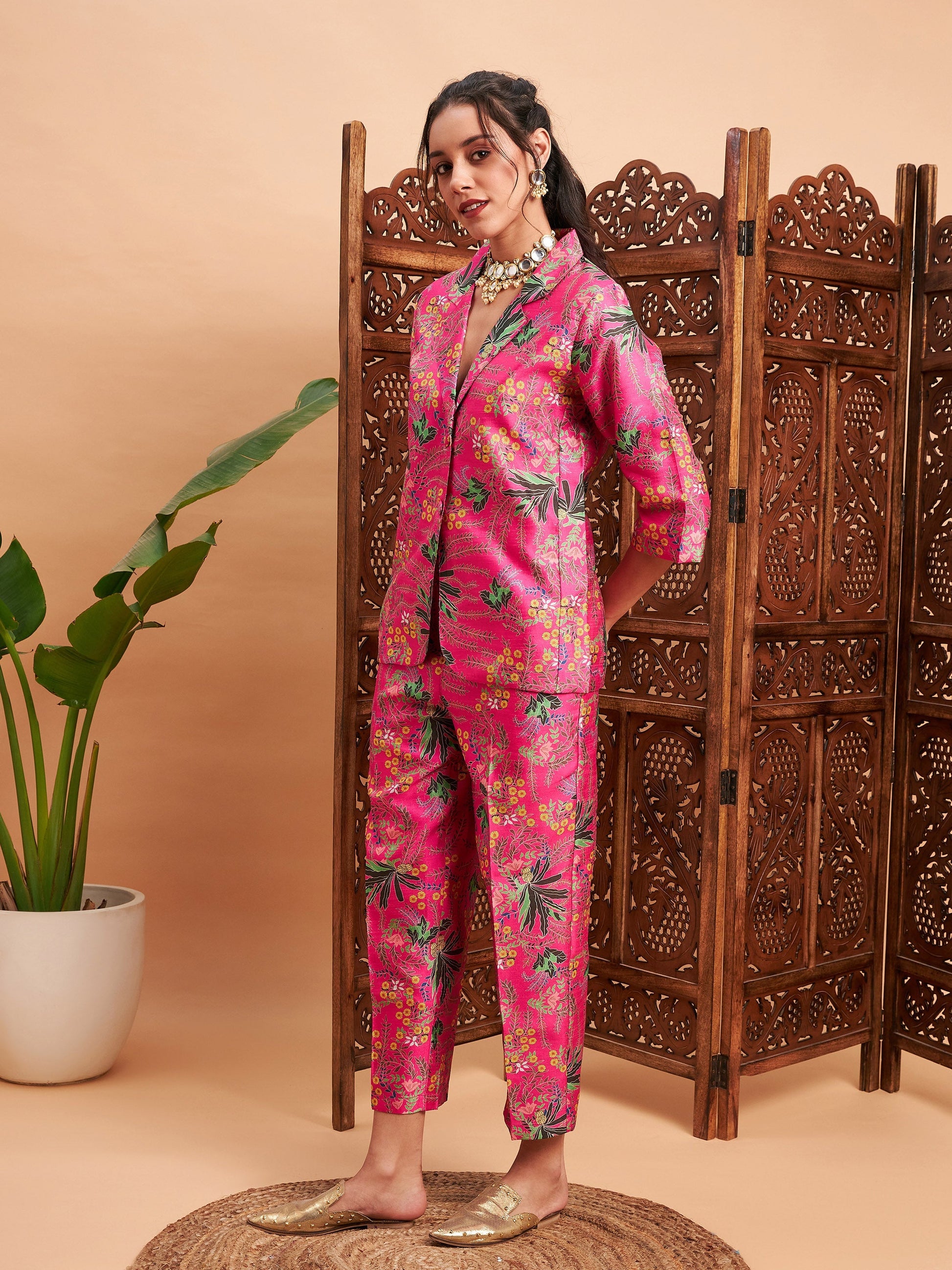 Pink Floral Blazer With Straight Pants-Shae by SASSAFRAS