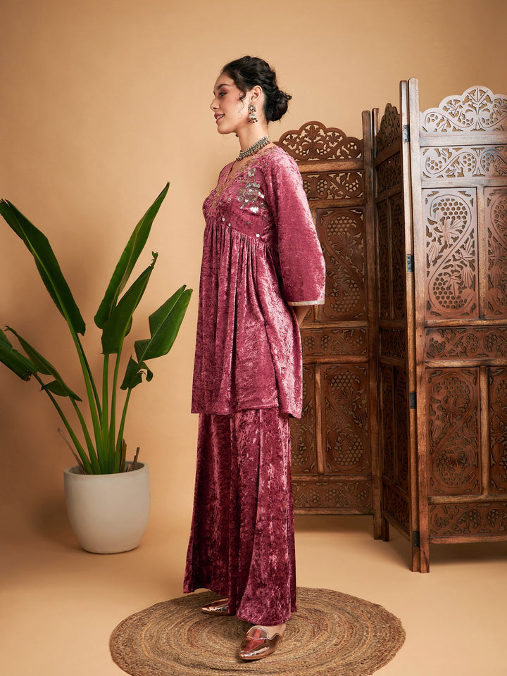 Pink Velvet Embroidered Top With Palazzos-Shae by SASSAFRAS
