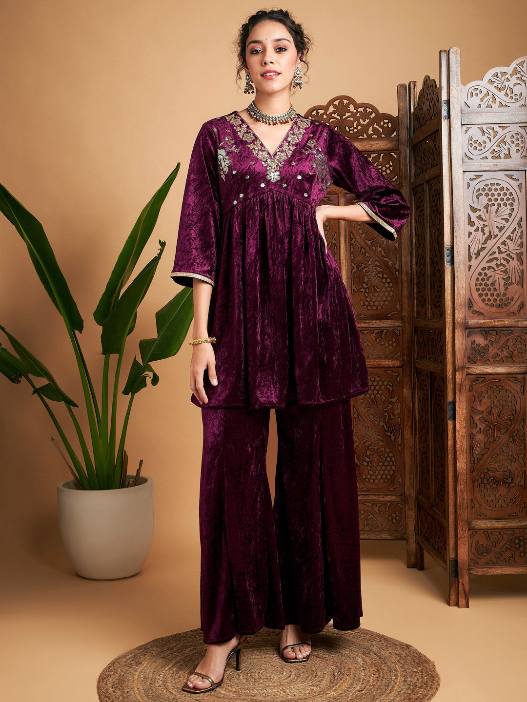 Women's Women Purple Velvet Embroidered Top With Palazzos in Velvet by Shae for wholesale, bulk, supplier, manufacturer and wholesaler buyers from Trendphoria