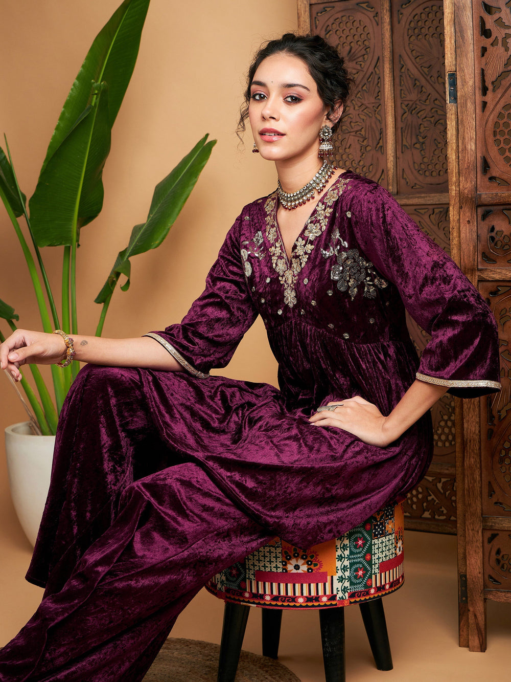 Purple Velvet Embroidered Top With Palazzos-Shae by SASSAFRAS