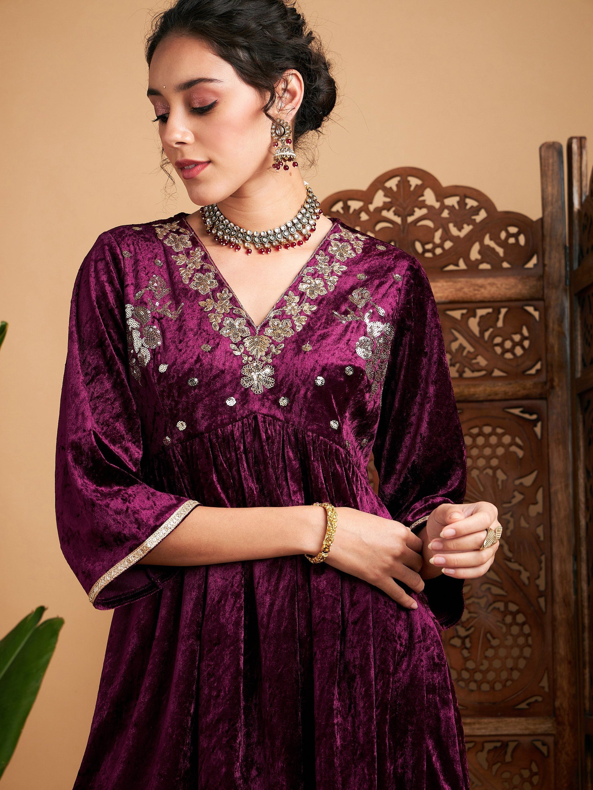 Purple Velvet Embroidered Top With Palazzos-Shae by SASSAFRAS