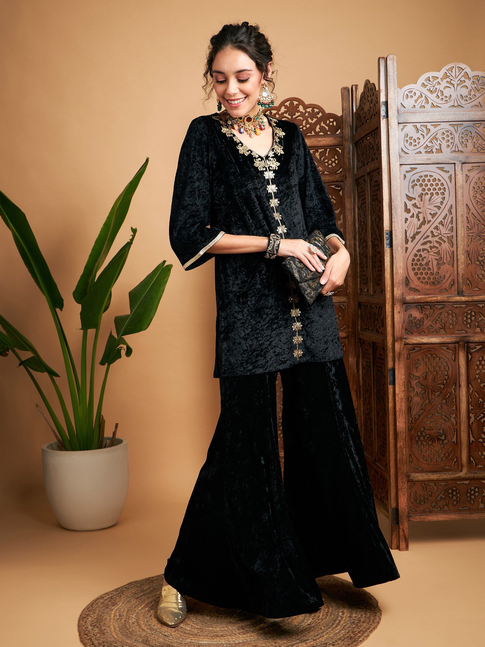 Black Velvet Embroidered Short Kurta With Palazzos-Shae by SASSAFRAS